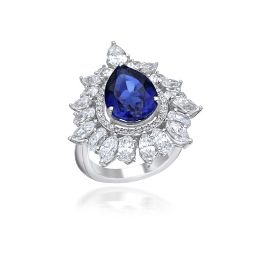 Cocktail Ring in White Swarovski Zirconia & Pear Shaped Man-Made Blue Sapphire