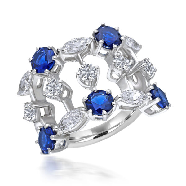 Cocktail Ring in White Swarovski Zirconia & Round Shaped Man-Made Blue Sapphire