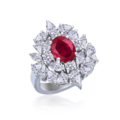 Cocktail Ring in White Swarovski Zirconia with Pear Shaped Man-Made Ruby