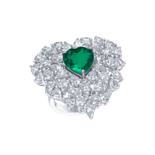 Cocktail Ring in White Swarovski Zirconia with Heart Shaped Man-Made Emerald