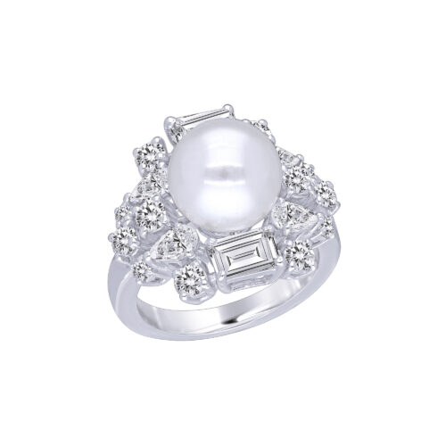 Cocktail Ring in White Swarovski Zirconia with Round White Korean Pearl
