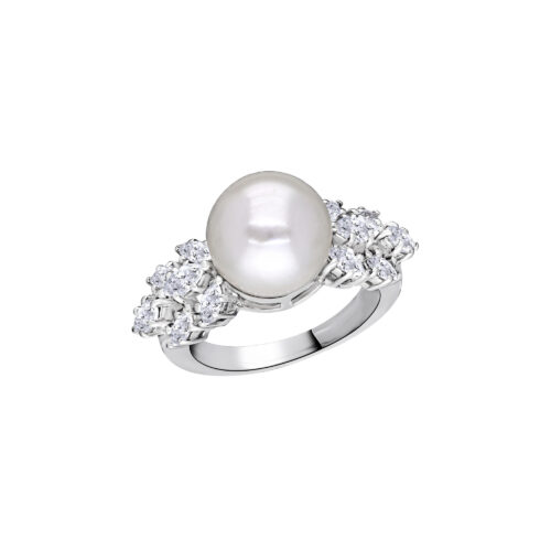 Cocktail Ring in White Swarovski Zirconia with Round White Korean Pearl