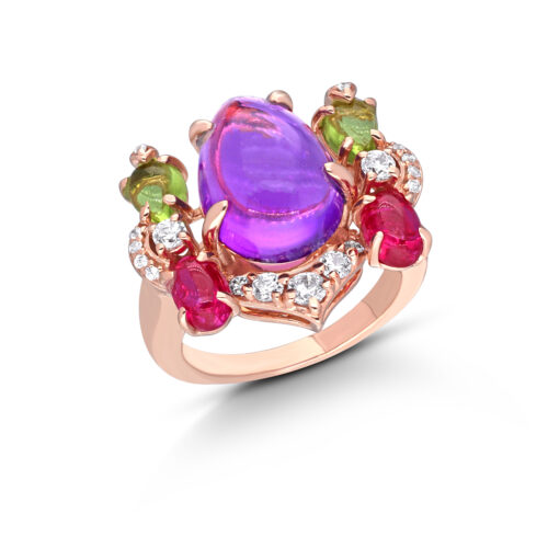 Bridal Ring in White Swarovski Zirconia with Man Made Amethyst, Emeralds And Rubies Set In Rose Gold Plating