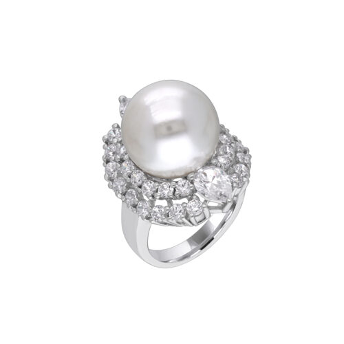 Cocktail Ring in White Swarovski Zirconia with Round White Korean Pearl
